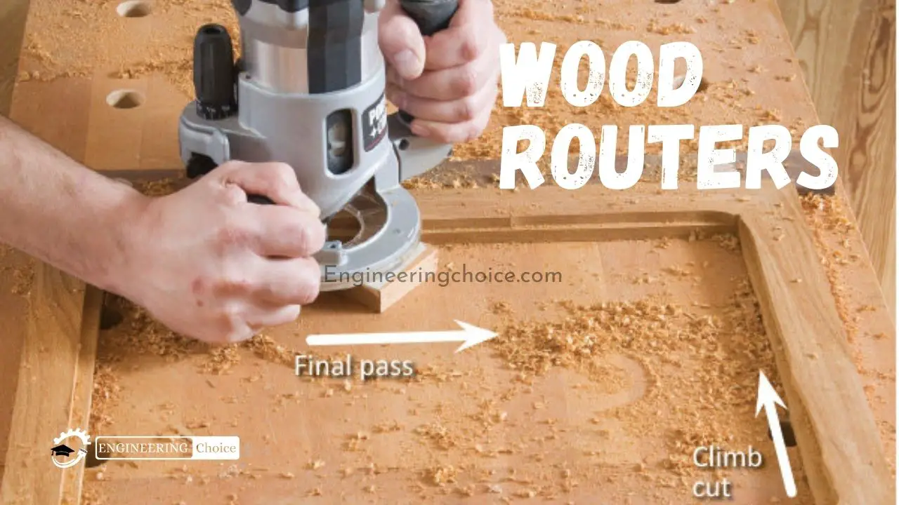 A wood router is a power tool with a flat base and a rotating blade extending past the base.